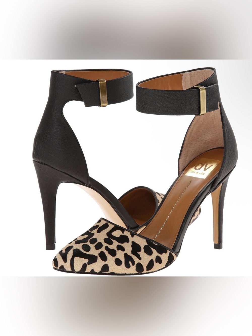 Dolce Vita Black and Leopard-Print Ankle-Strap Pointed Heels
